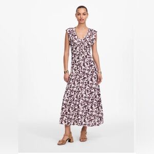 Madewell Ruched Flutter Sleeve Midi Dress chocolate/white abstract floral